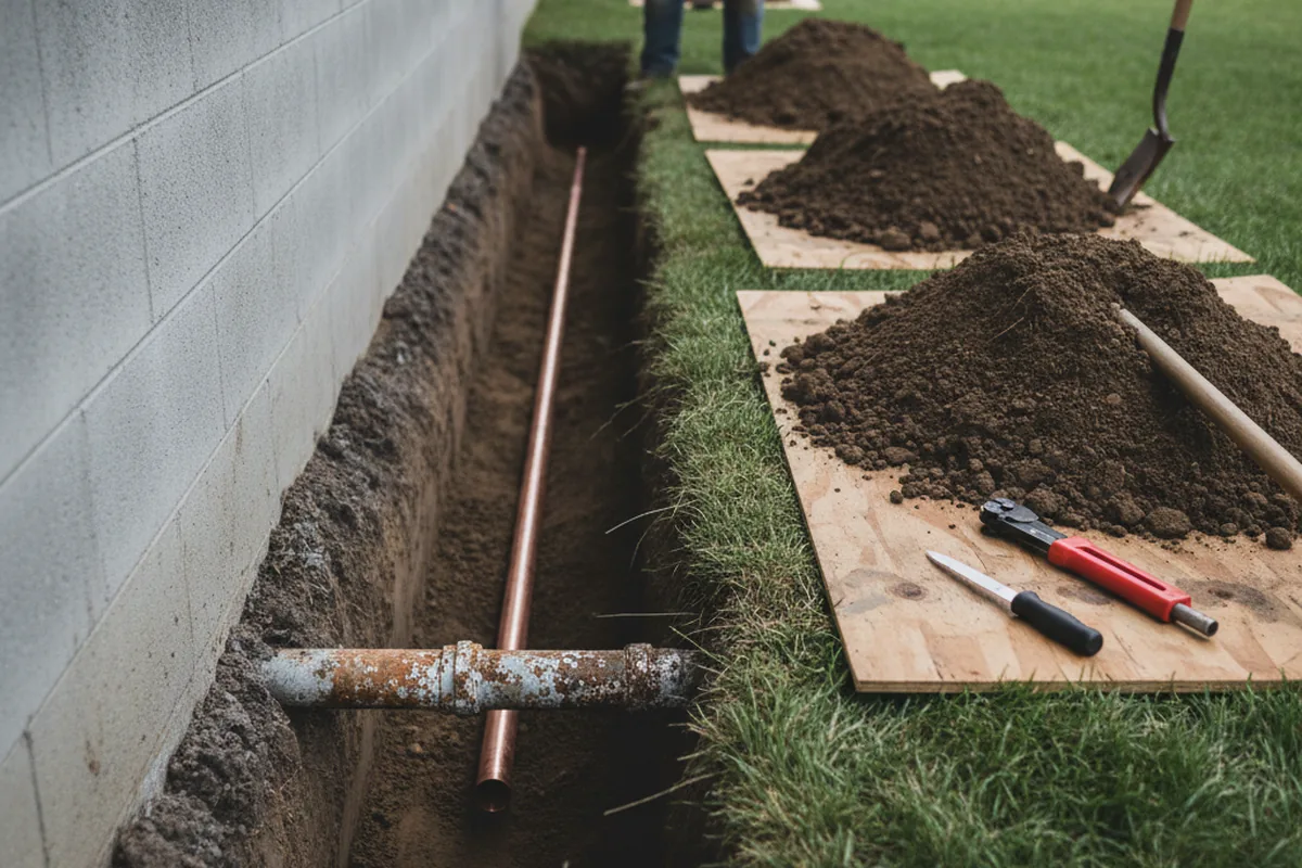 Excavated water line trench during Water Softener Installation in East Peoria